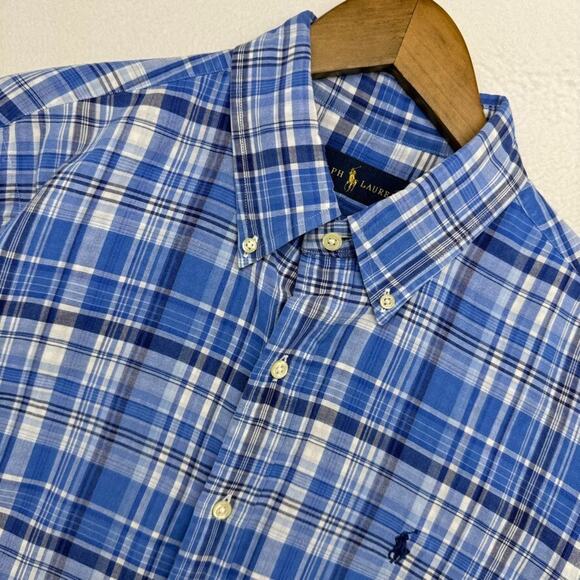 Ralph Lauren Shirt Men's large Blue Plaid Check Pony Embroidered Preppy Oxford - Picture 1 of 12